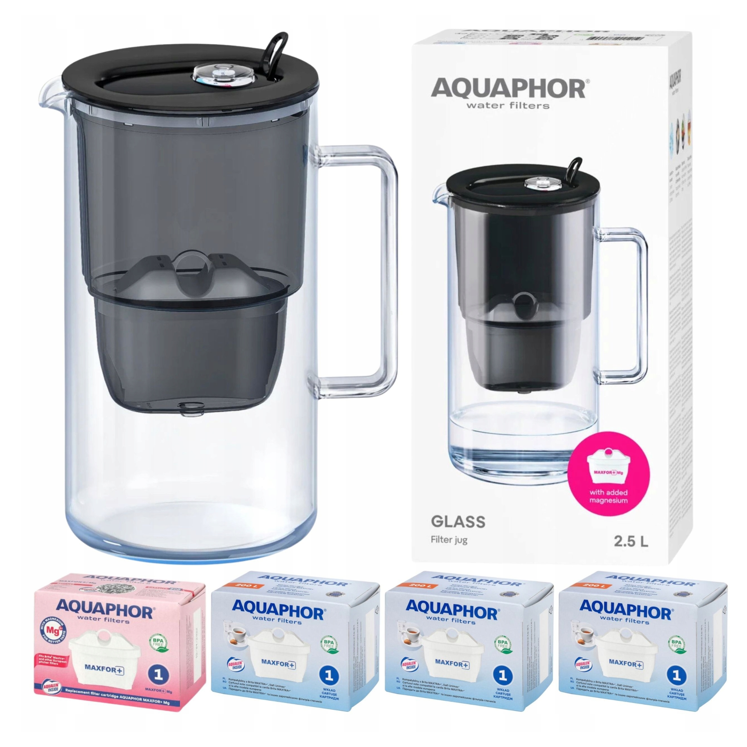 Filtrační konvice skleněná Aquaphor Glass černá 4 filtry Maxfor (1 mg 3)