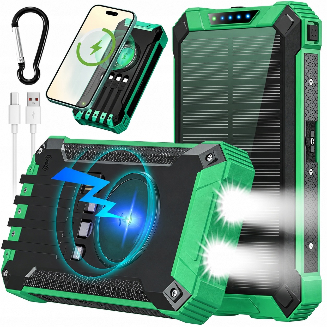 Solární Nabíječka 26800MAH 4 Kabely 2 Led Svítilny Karabina Zelená
