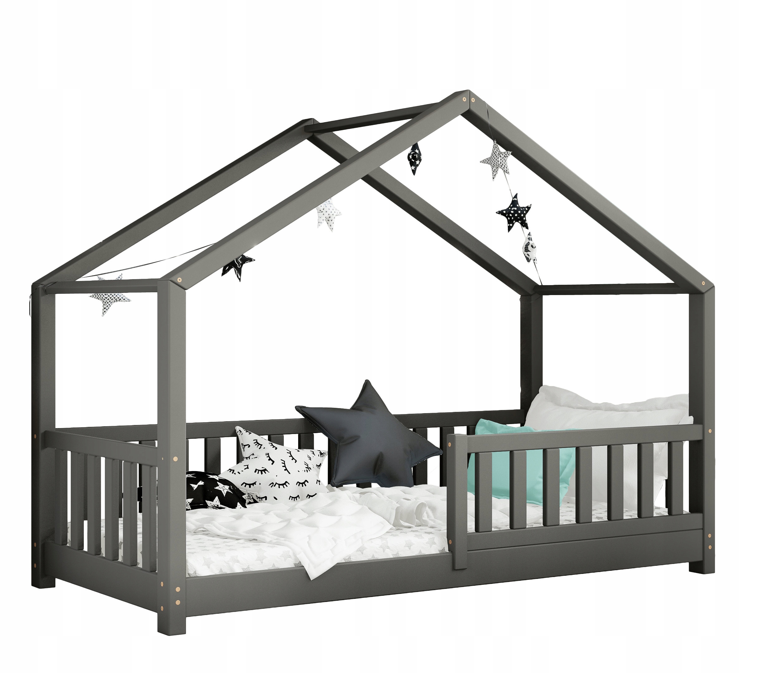 Dziecięce łóżko domek grafit DOMI barierki 80x160