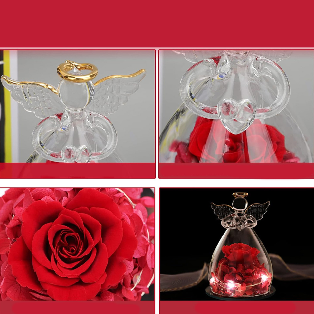 WIECZNA RÓŻA W SZKLE ZE ŚWIATŁEM LED POSTAĆ ANIOŁA PREZENT NA DZIEŃ MATKI Stan opakowania oryginalne