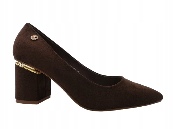 Damskie Czółenka Zamszowe Brązowe Czekoladowe na obcasie wkł. Skóra 39
