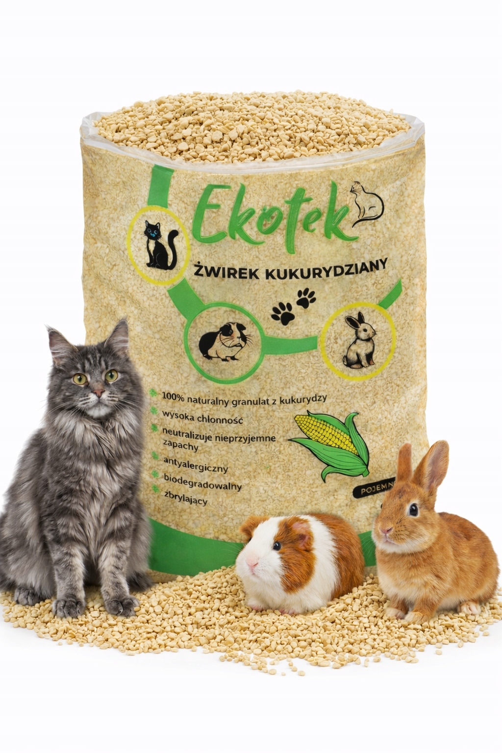 Żwirek kukurydziany Drobnoziarnisty Ekotek 33L dla kotów, królików, 20KG
