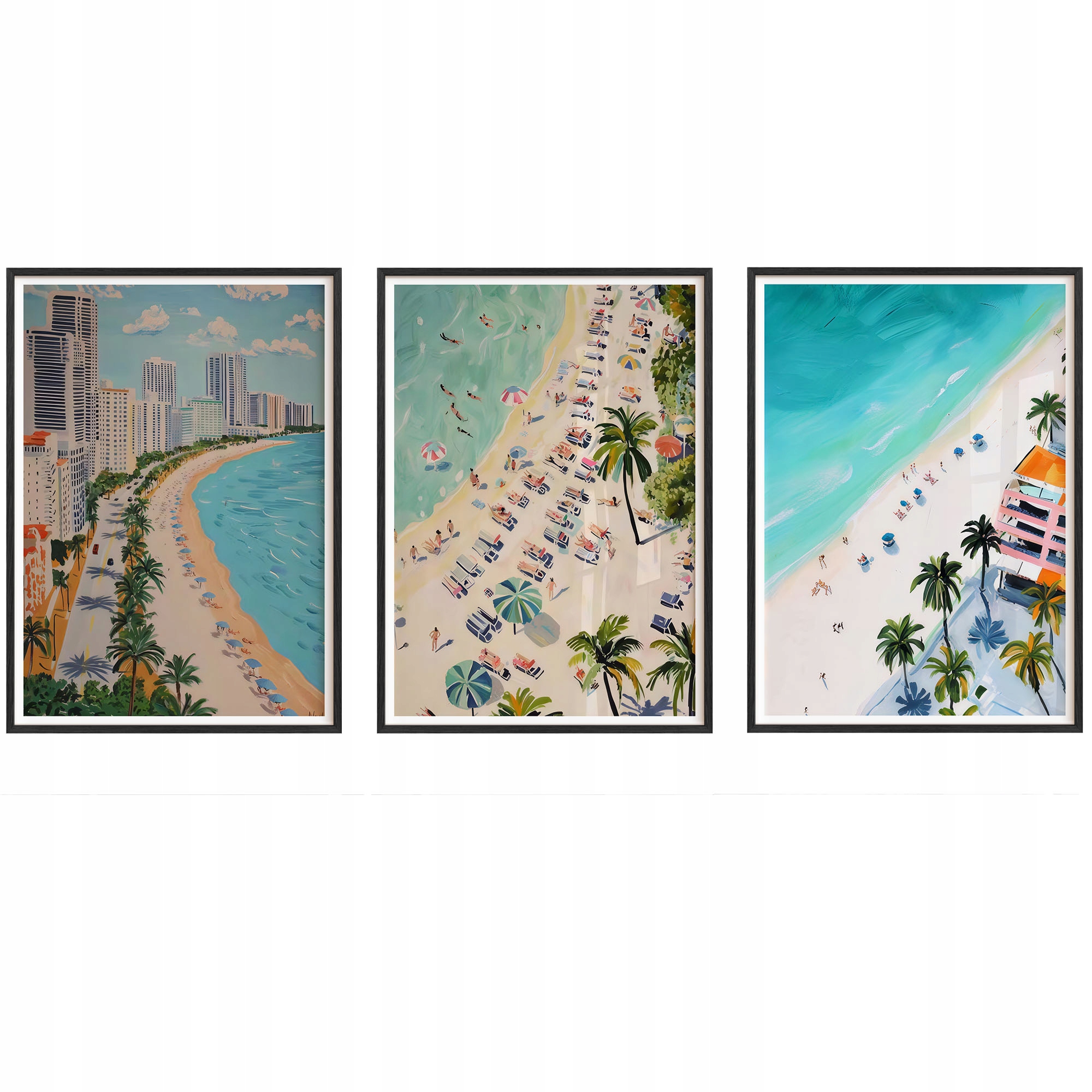 Obrazy Pláž Palmy Miami Art Plagáty Drevené rámy Čierne 3ks 30x42 cm