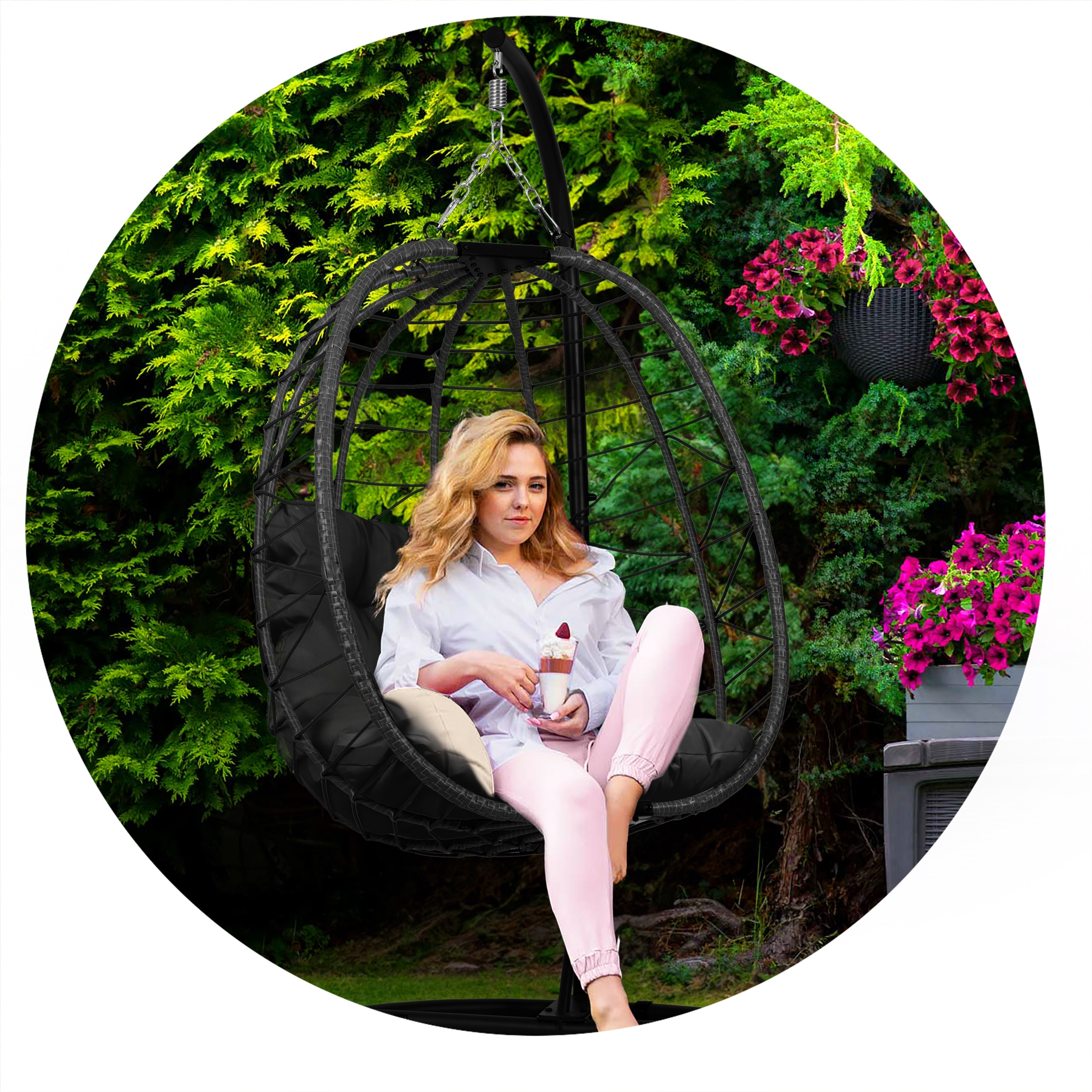 FOTEL WISZĄCY BUJANY OGRODOWY KOSZ KOKON SKŁADANY Wysokość maksymalna 194 cm