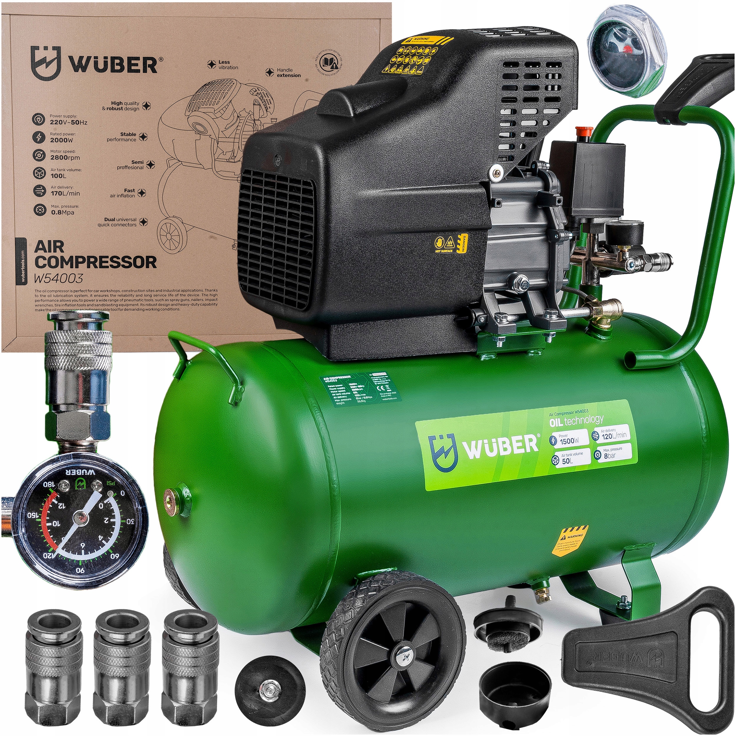 Olejový Kompresor 50 Litrů, Robustní Jednopístový Vzduchový Kompresor Wuber