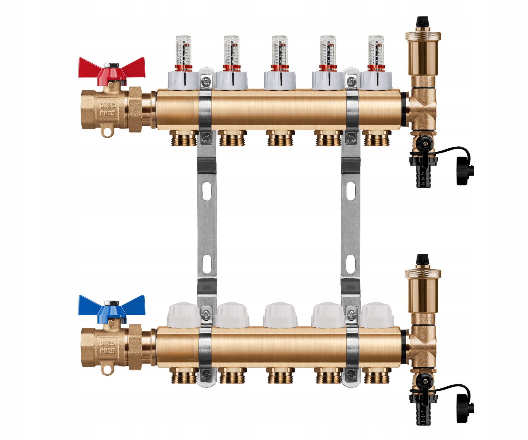 Rozdělovač Podlahového Vytápění 5 Okruhů Rovný Kulový Ventil Pex
