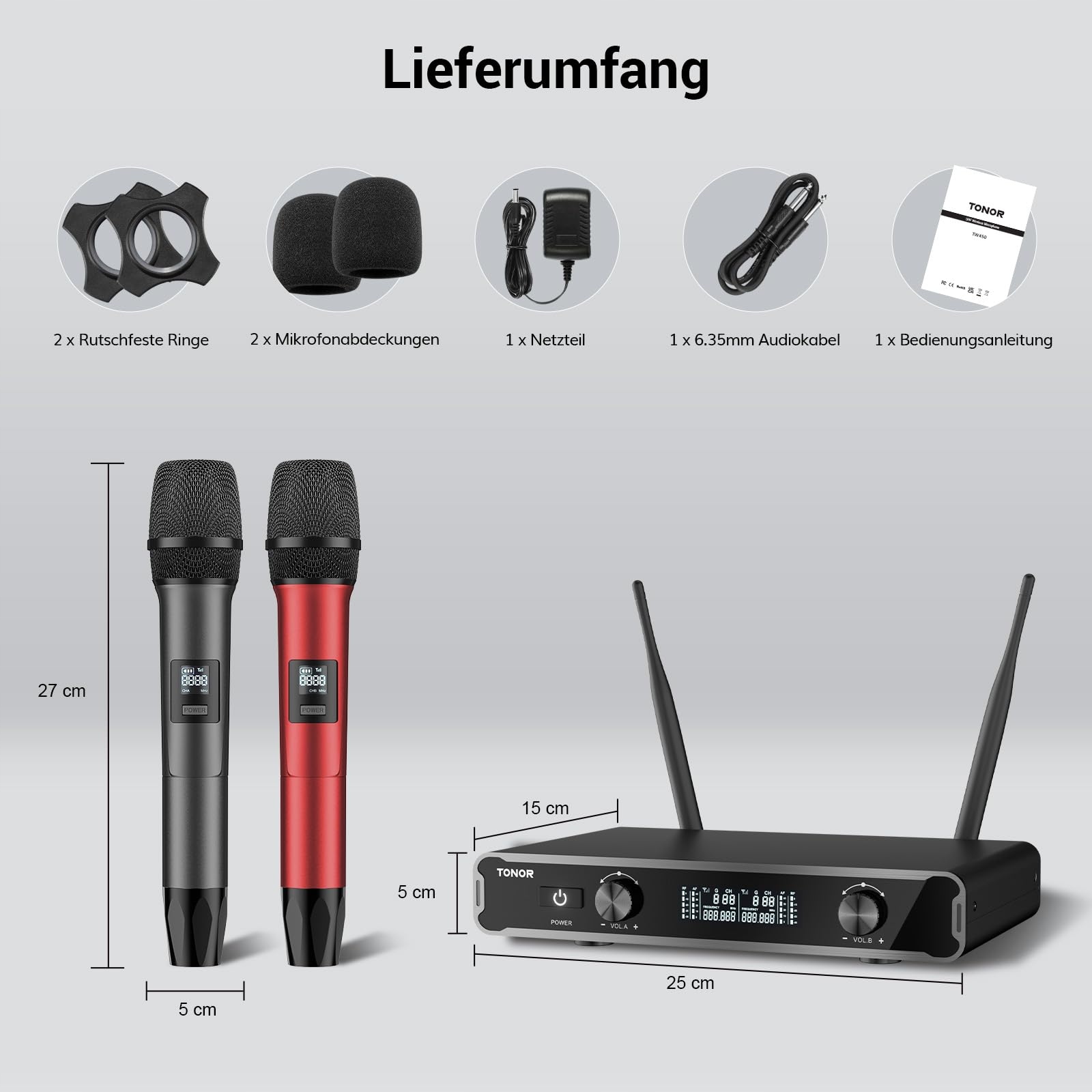 TONOR Mikrofon Bezprzewodowy Karaoke Dualny TW450 Szary Czerwony — miniatura 8