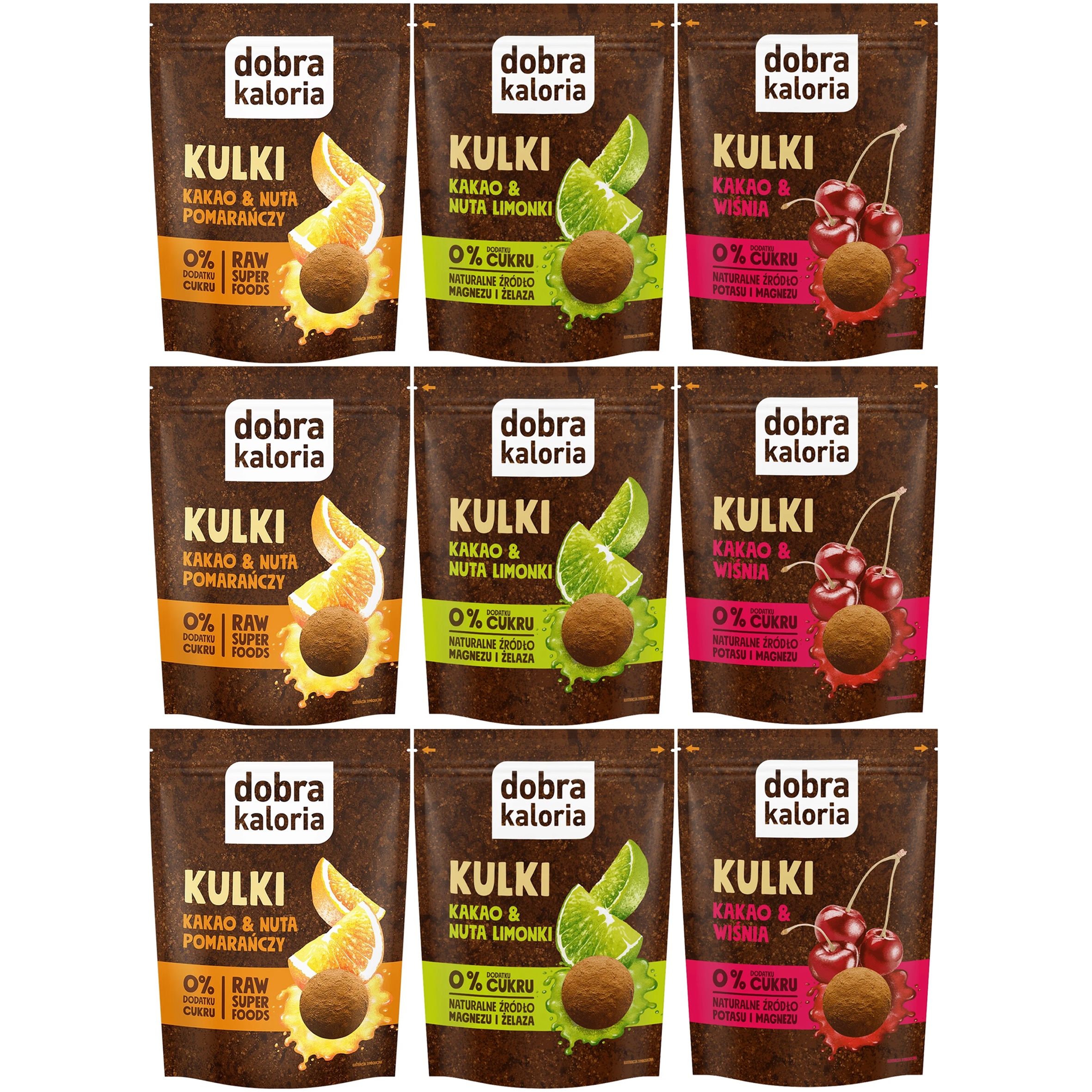 9 x Kulki Mocy Dobra Kaloria MIX smaków Kakao Pomarańcz Limonka Wiśnia