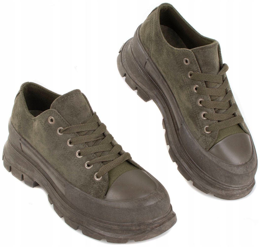 

6446 Zielone Niskie Zamszowe Trampki Platforma 36