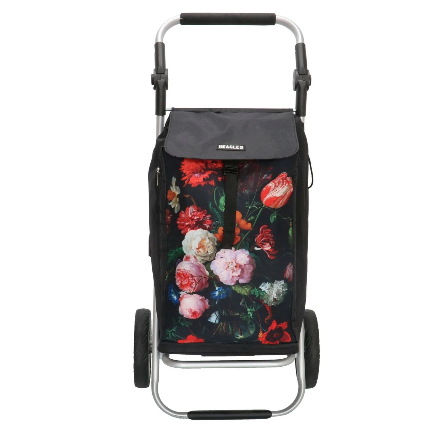 Nákupná taška na kolieskach Beagles Alberic Flower čierna s kvetinami