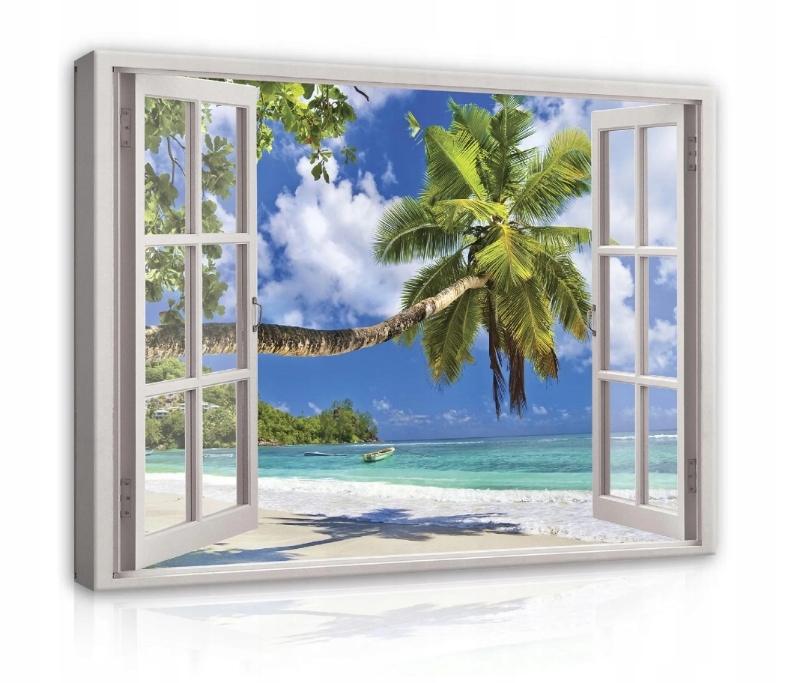 Obraz 80x60 Pláž tropické okno výhled palma moře oceán slunce ráj