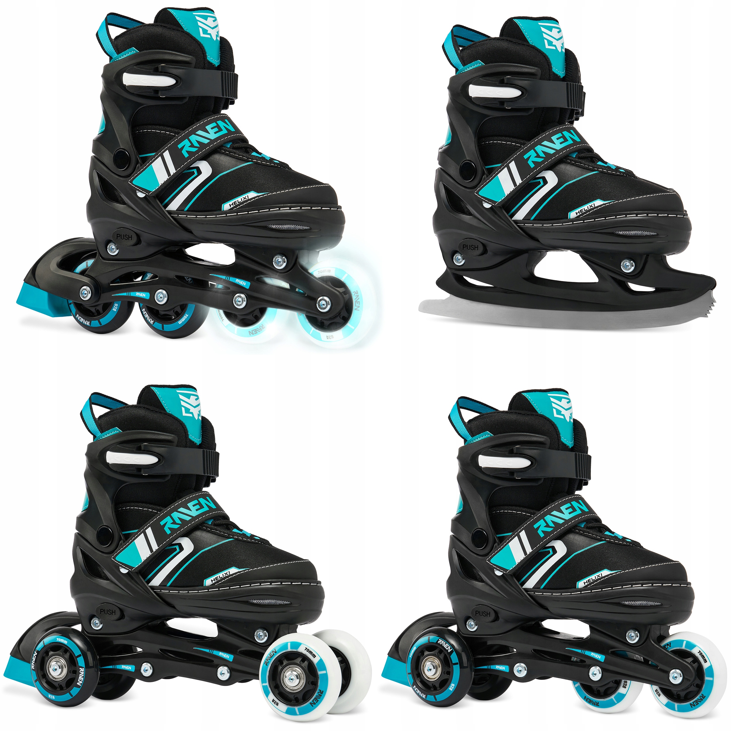 Rolki Łyżwy Wrotki 4w1 Regulowane Raven Helixi Black/Mint 34-37 Kółka Led