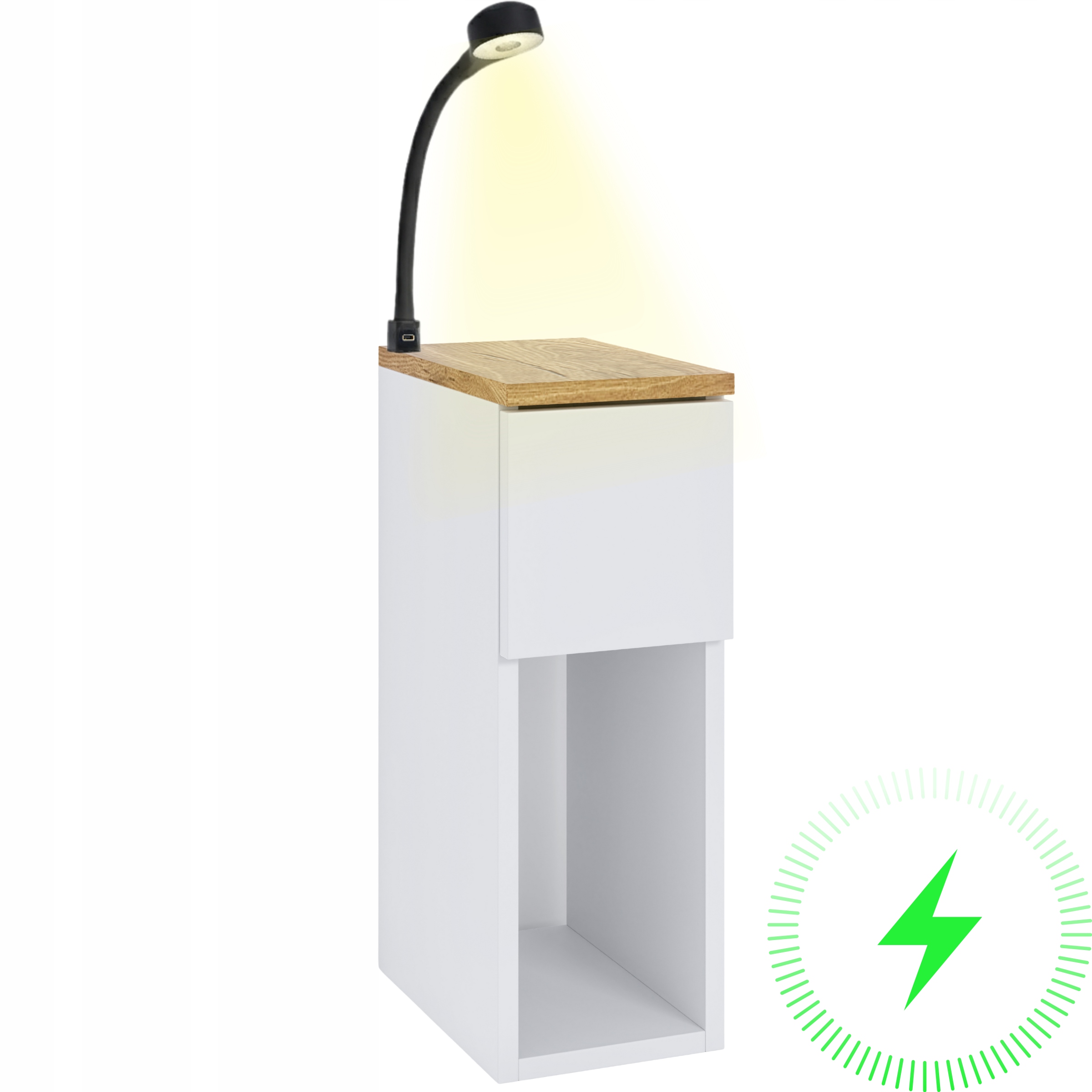 Noční Stolek Bílá Dub Torro Úzká 20x30 CM Se Zásuvkou Lampička S Nabíječkou