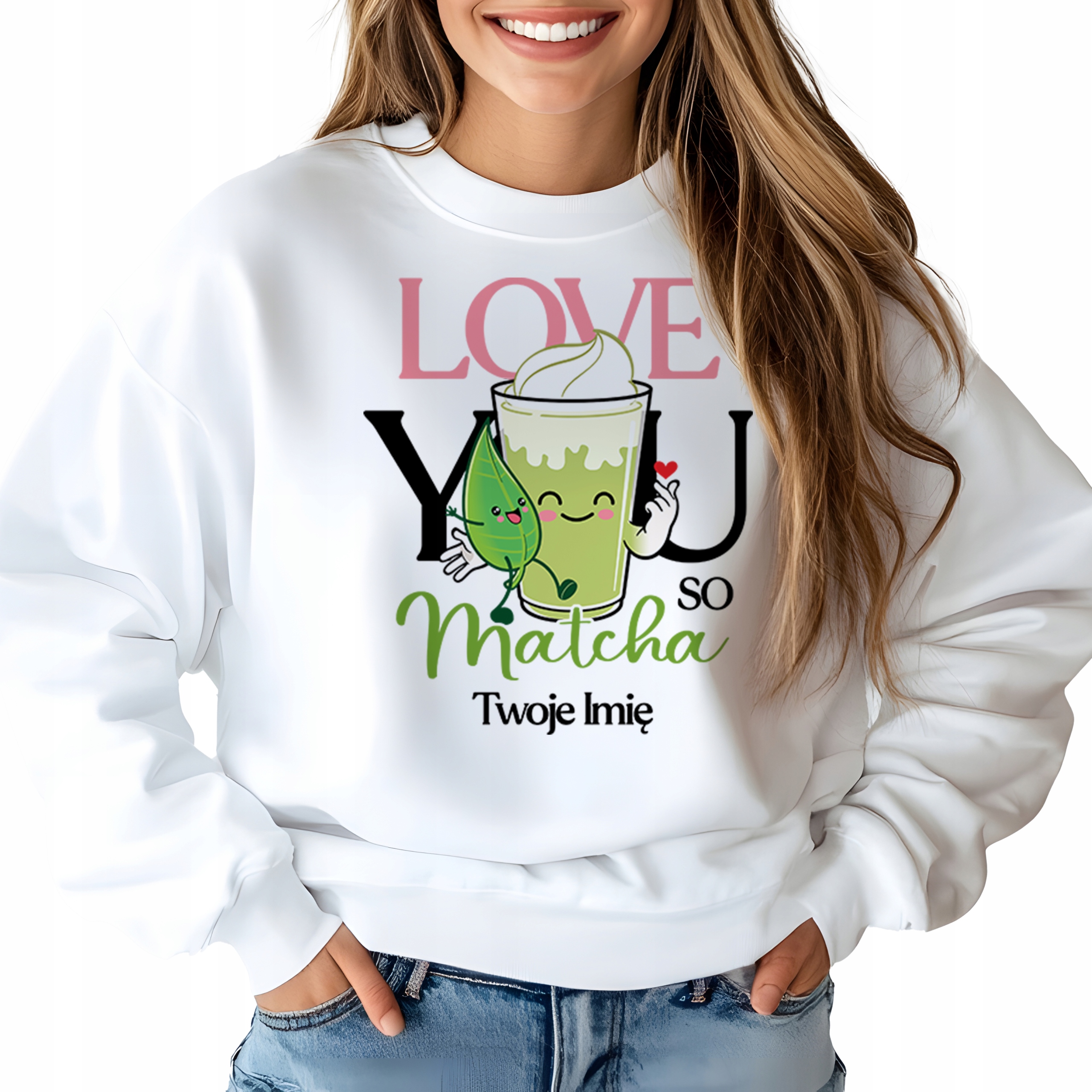 Mikina Bílá pro milovnici zeleného čaje Love You Matcha Jméno M