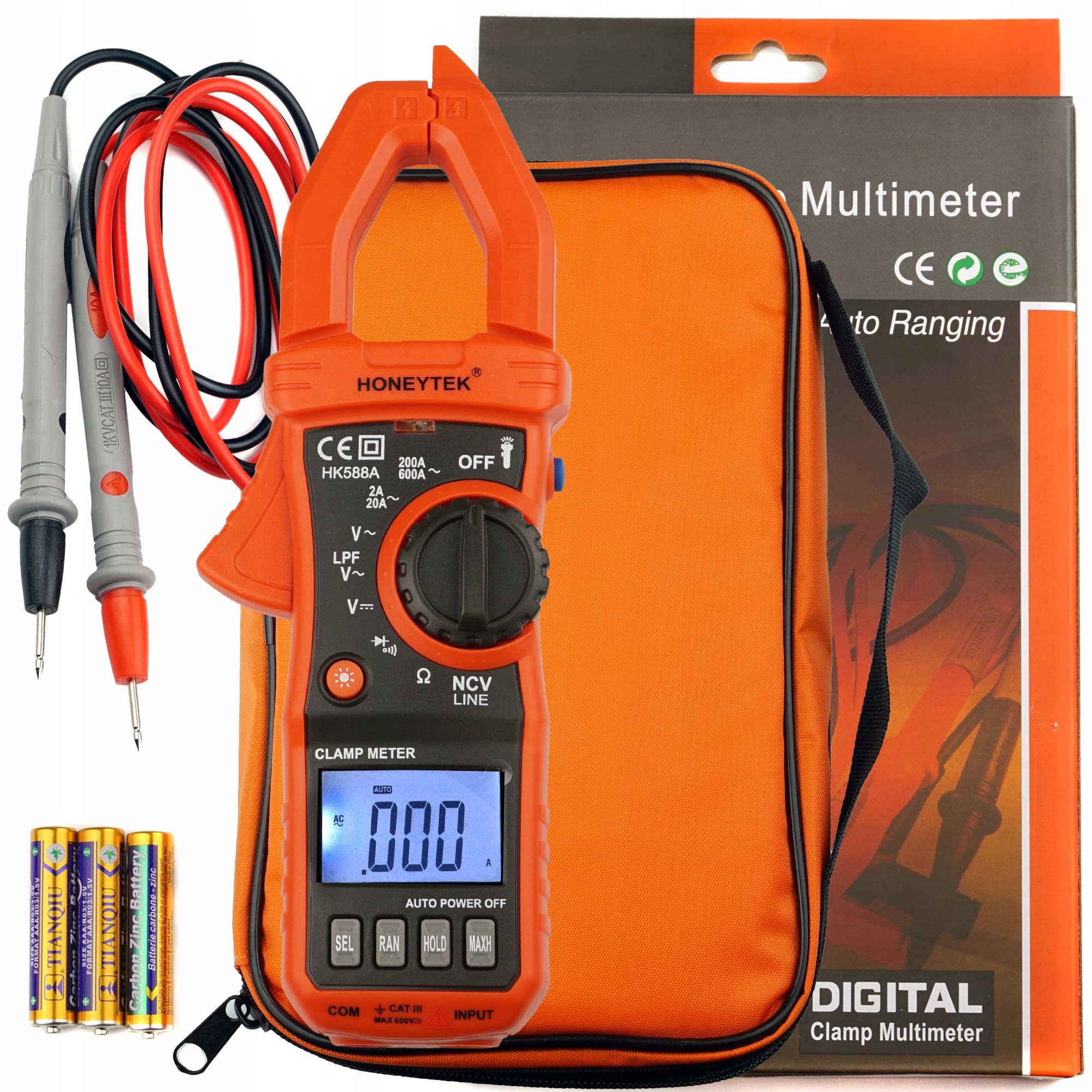 Klešťový měřič Honeytek HK588A 2000 počítání Trms 600A 600V Lpf svítilna