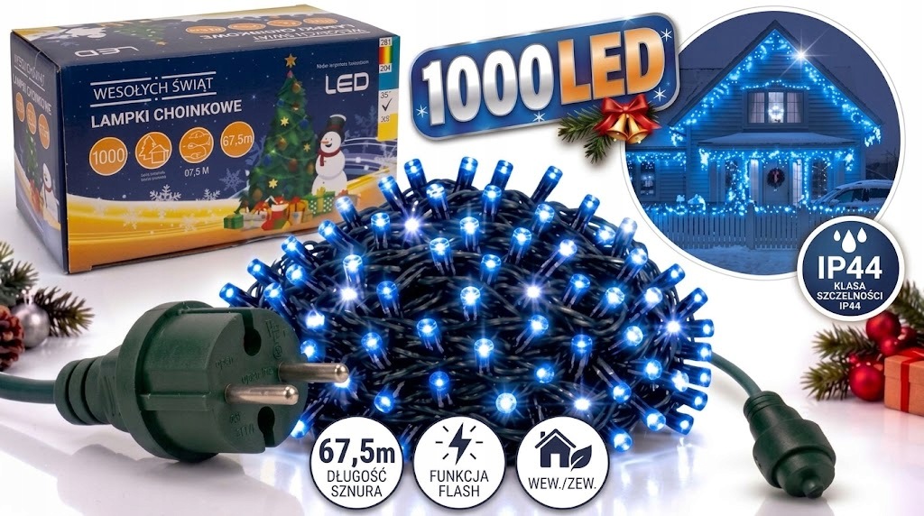 Vánoční Lampy 1000 Led 67,5 M Modré Studená Bílá Venkovní Flashová Lampa
