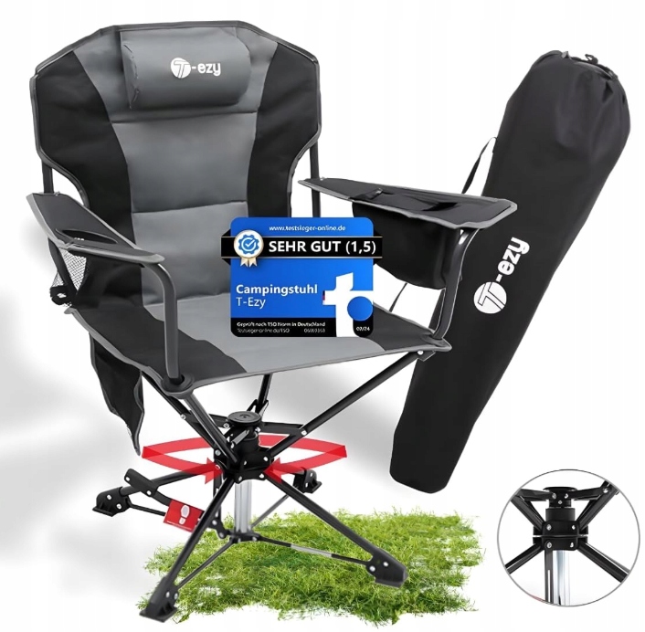 Krzesło Wędkarskie kemping obrotowe T-Ezy do 150kg z kieszeniami 360 stopni