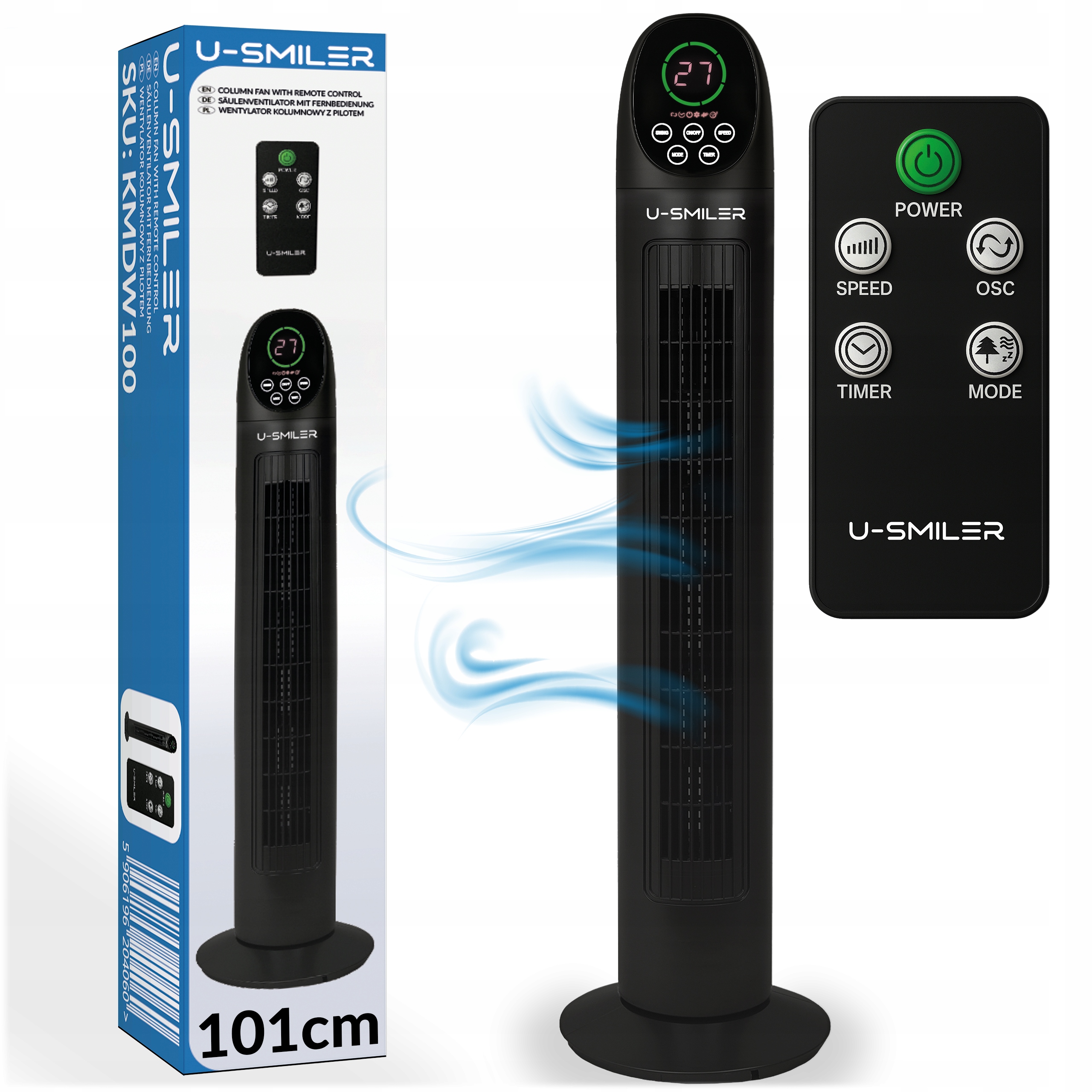 Wentylator Kolumnowy Duży Wiatrak Podłogowy Cichy Stojący Timer Pilot 101cm