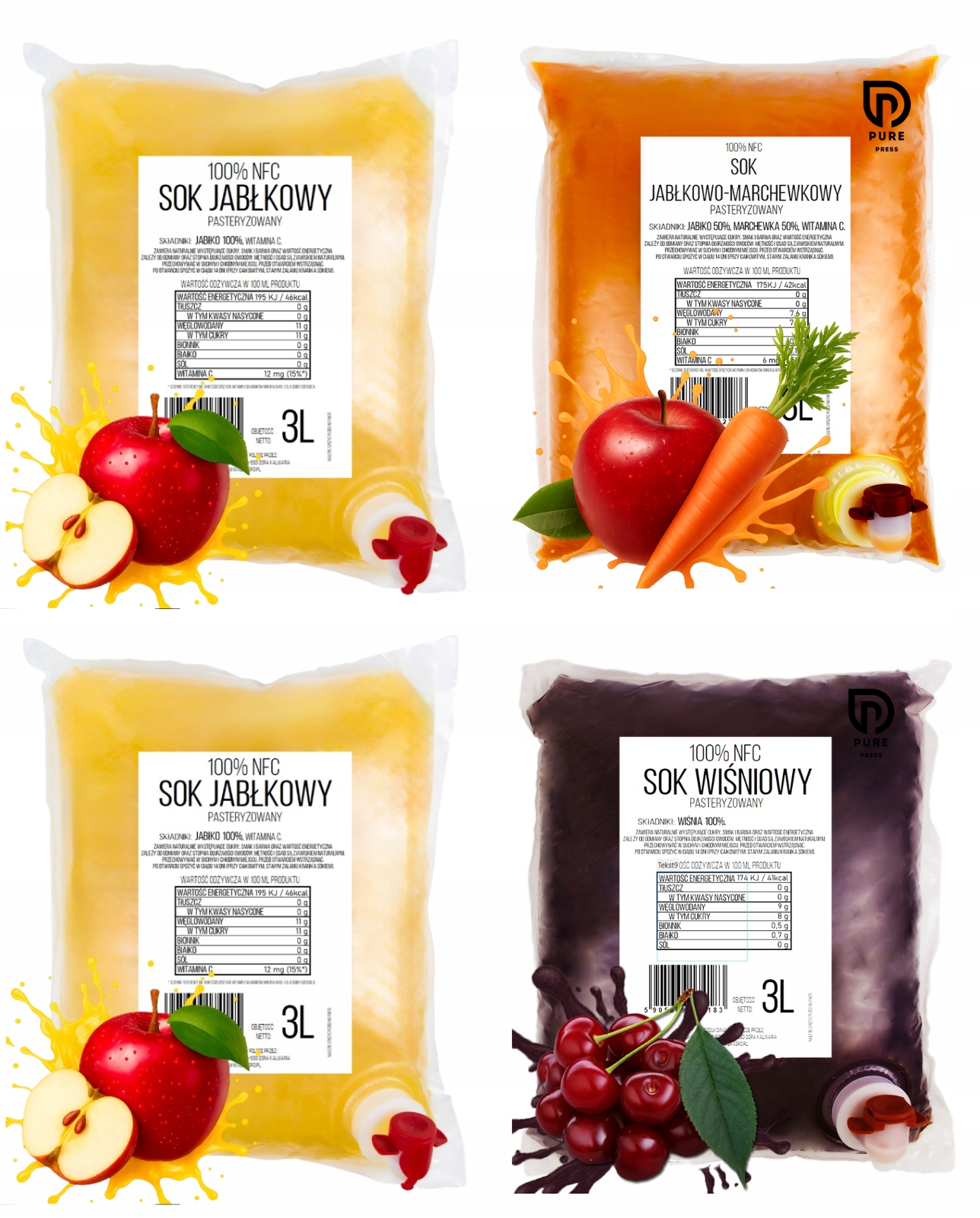 Levně MIX Šťávy 100% Lisované Nfc Pure Press Jablko, Jablko Mrkev, Višeň 4x3L