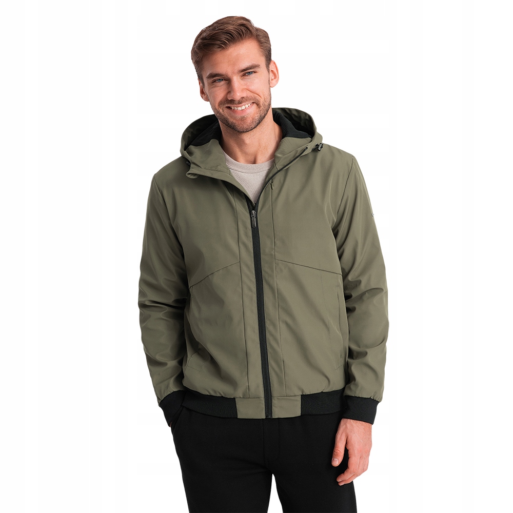 Lehká pánská bunda s s kapucí a podšívkou, olivová V2 OM-JANP-0149 XL