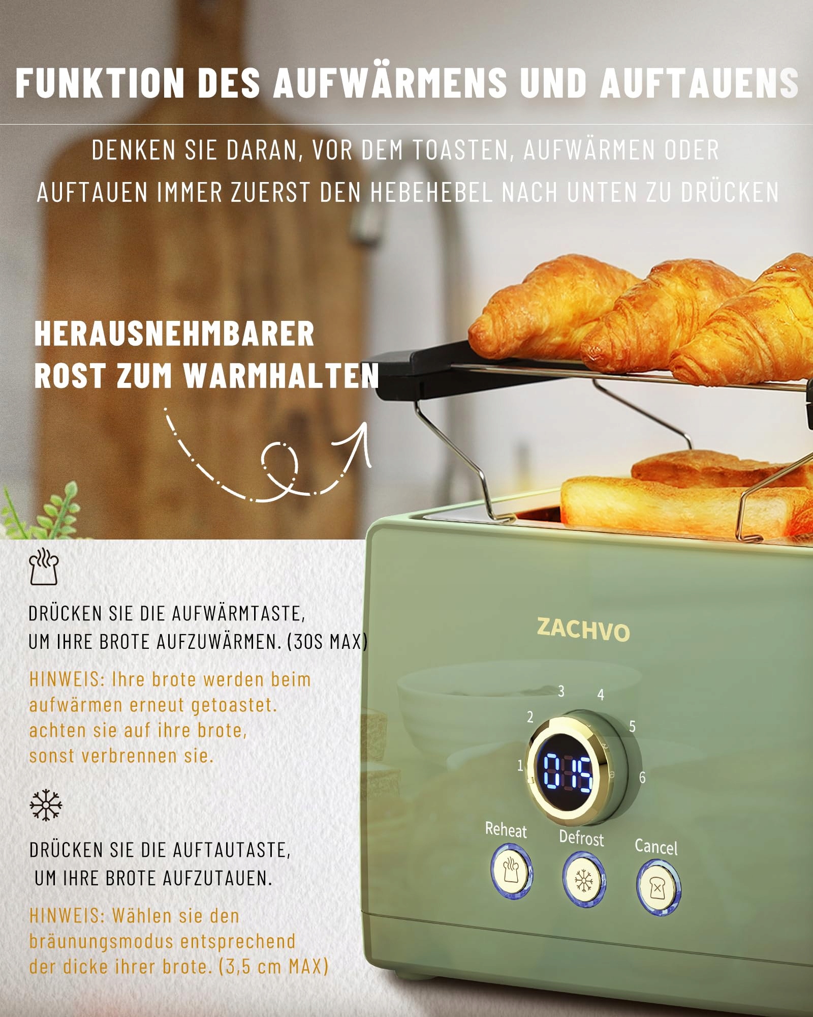 ZACHVO Toster 2 Kromki Z Podgrzewaczem 6 Stopni 850W LED Wyświetlacz — miniatura 3