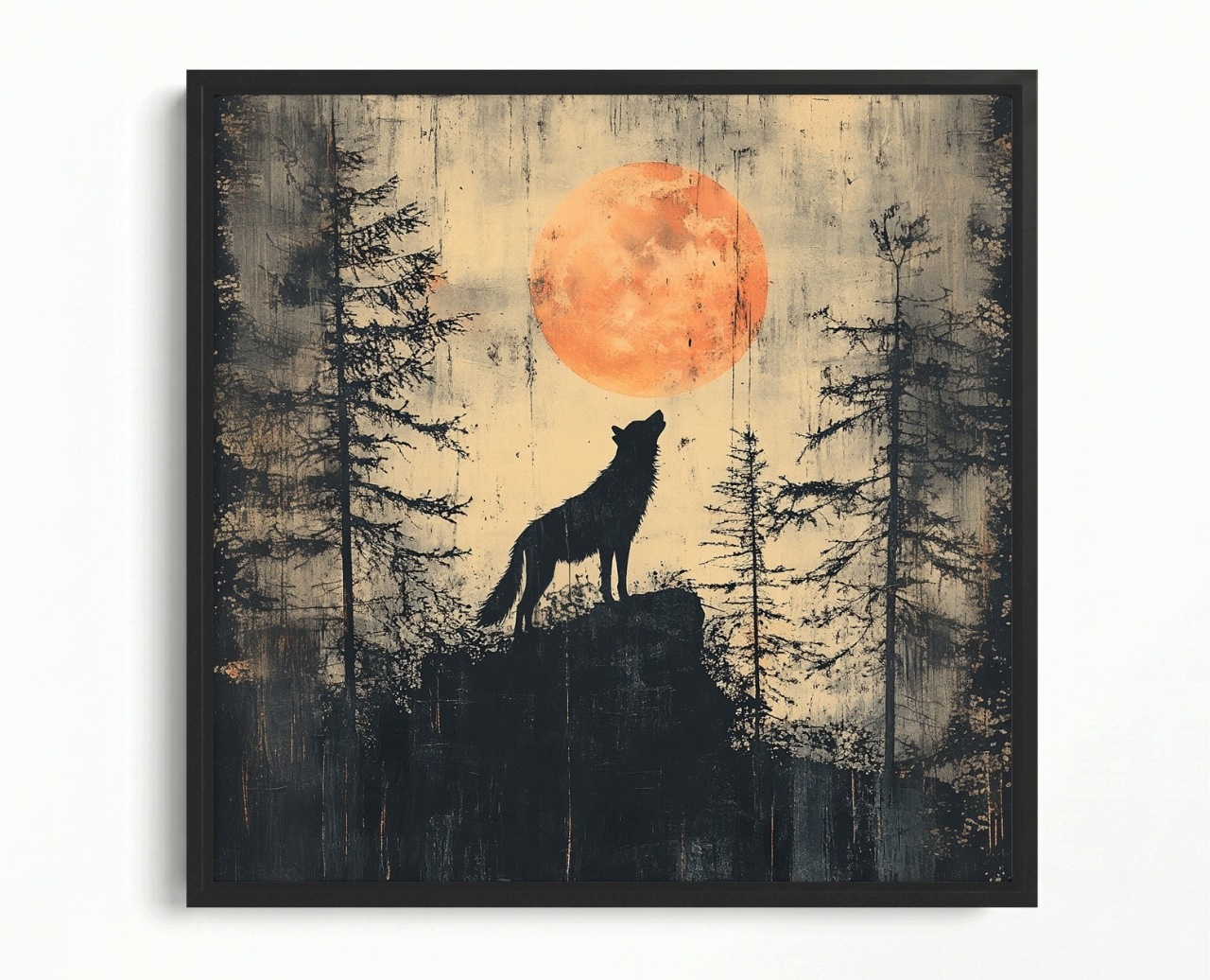 Obraz Rám Americký Box Vlk Vytí Měsíc Les Skály Noc Příroda 60x60