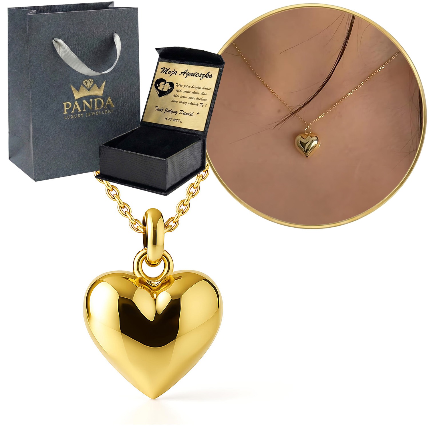 Pozlacený náhrdelník Nafukovací srdce Přívěsek Gravírování Dárek na Valentýna