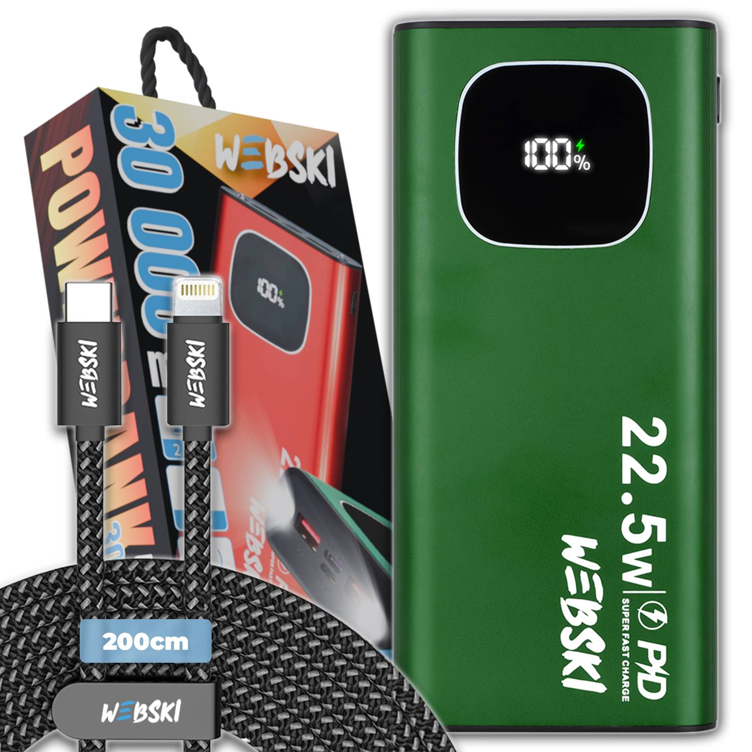 Powerbanka 30 000 Mah 2X Usb Usb-c Quick Charge Pd+lightning Kabel 2 M Dlouhý