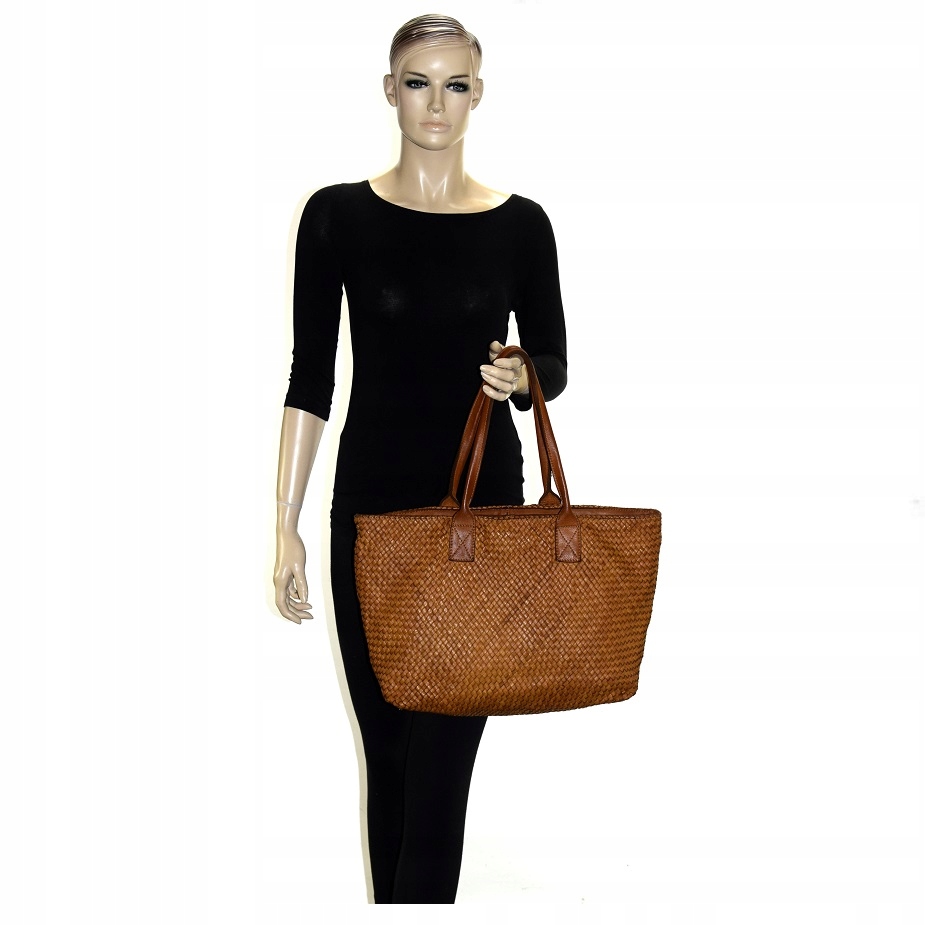 TOREBKA SHOPPER SKÓRA NAT PLECIONA BRĄZOWA LUX 983 Wysokość 28 cm