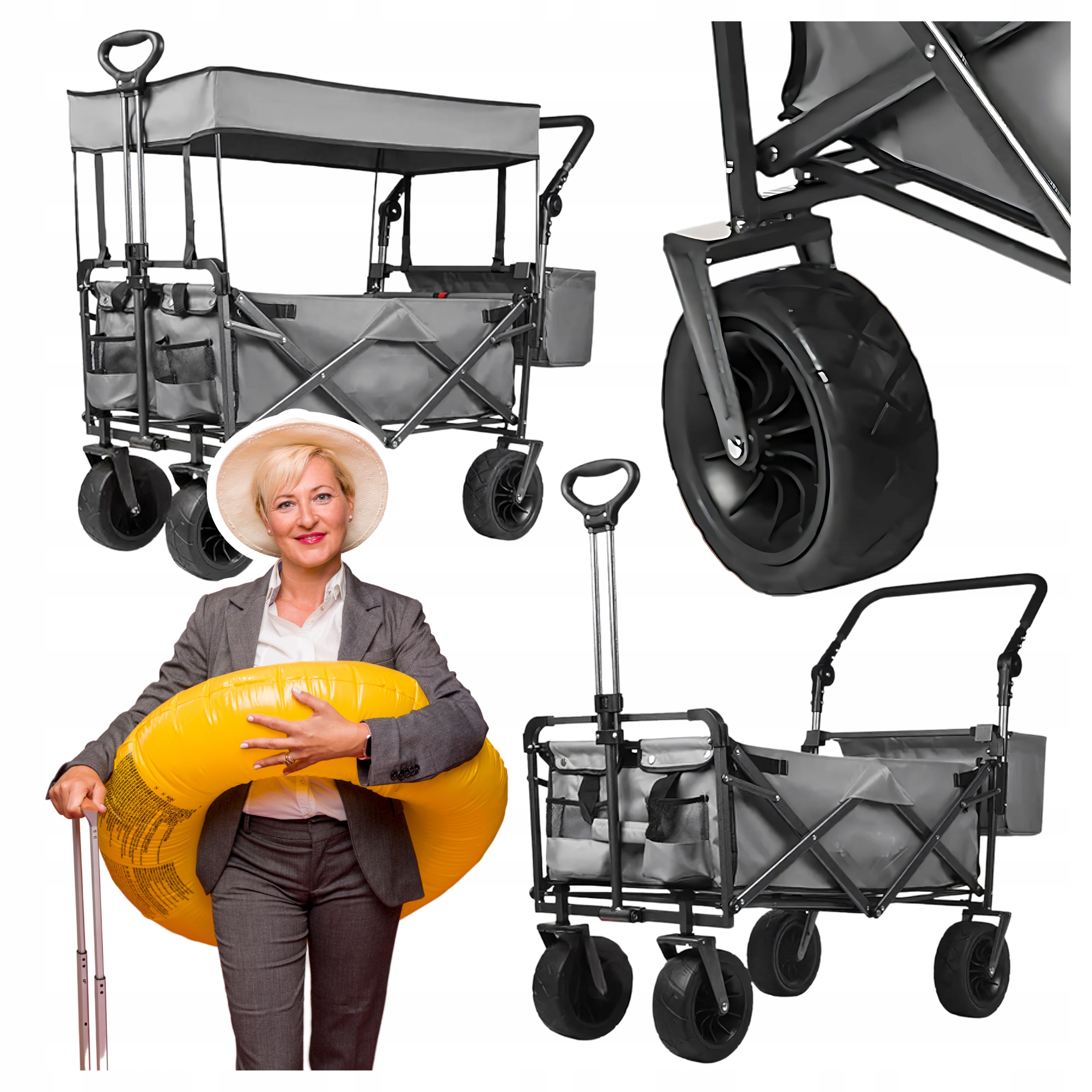 Duży Składany Wózek Ogrodowy Plażowy Transportowy na Ryby z Dachem Koła XL