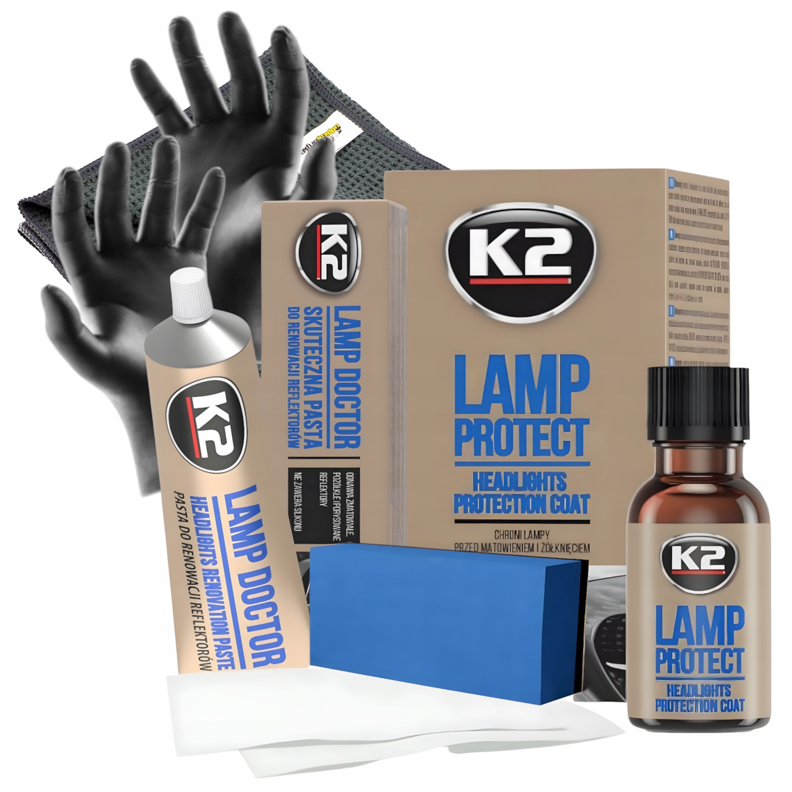 K2 SKUTECZNY ZESTAW REGENERACJI REFLEKTORÓW LAMP PASTA POWŁOKA MIKROFIBRA