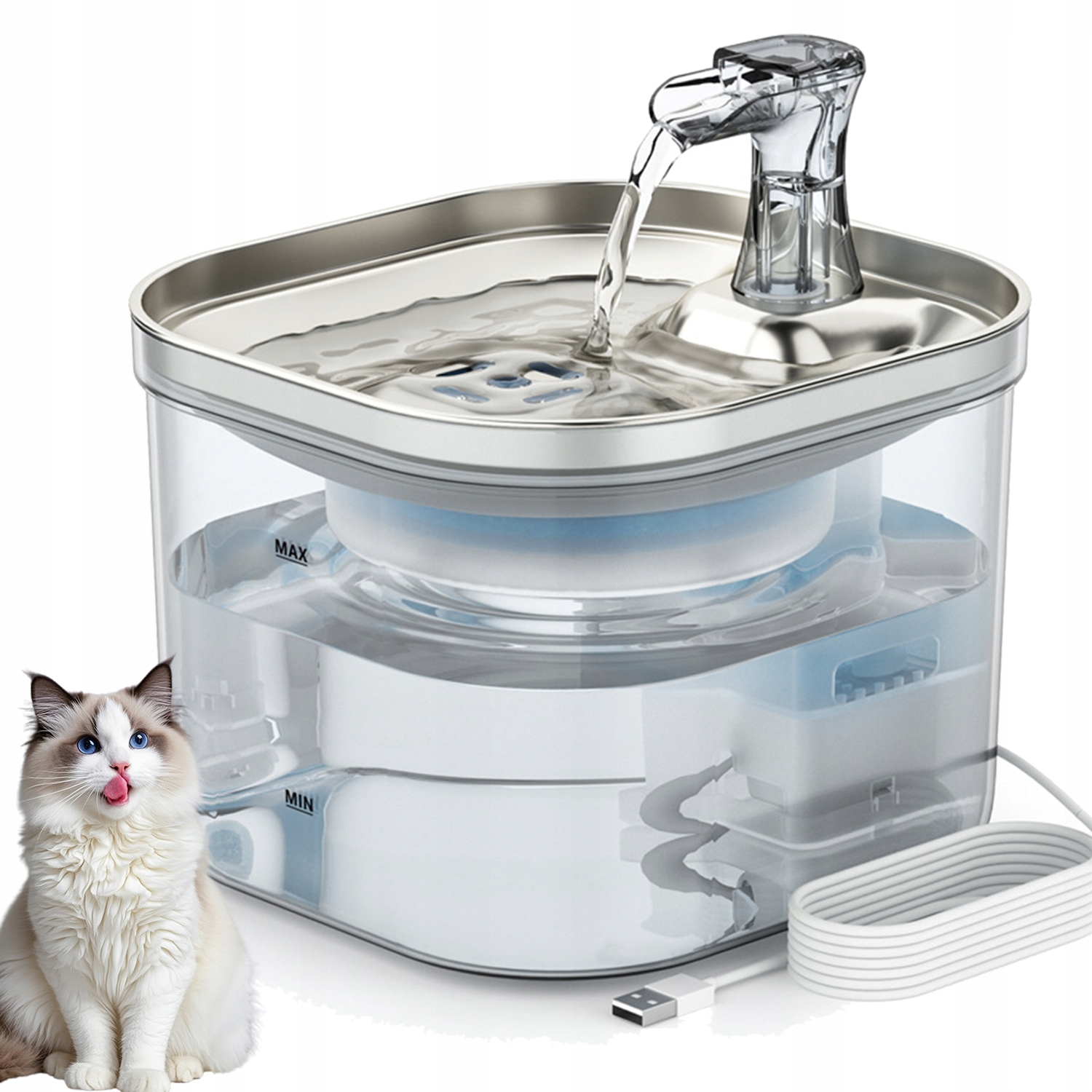 Levně Fontána Pro Kočky S Nerezovou Ocelí 304 A Bavlněným Filtrem 8D, 2 Litry