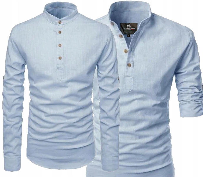 Koszula Męska Stójka Casual Codzienna Lniana Len Bawełniana