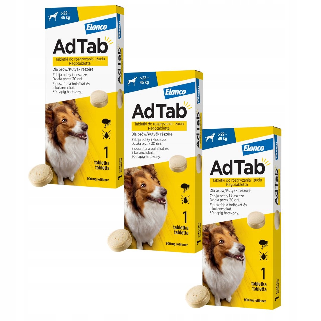 Adtab Dog tabletka na pchły i kleszcze dla psa 22- 45 kg 900 mg 3x1 tab.