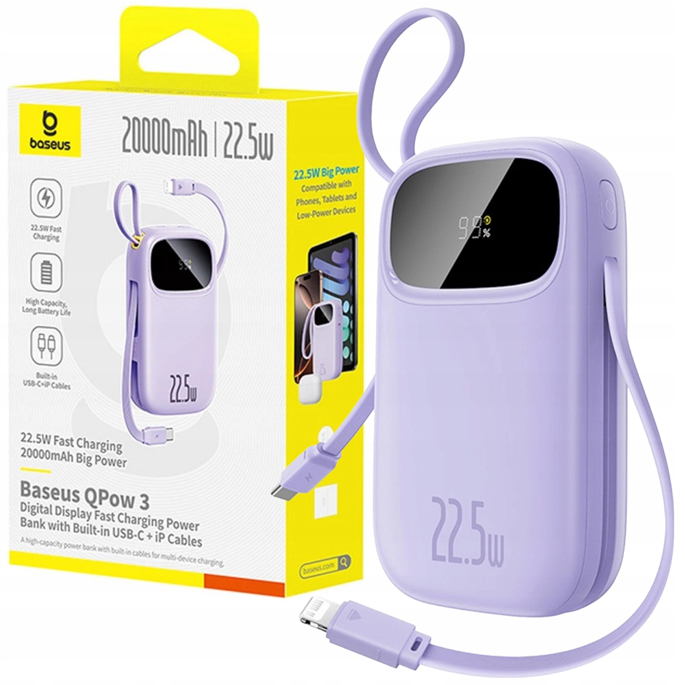 Powerbanka Baseus 20000 mAh 22.5W Usb-c Usb-a Vestavěné Kabely Usbc Lightning