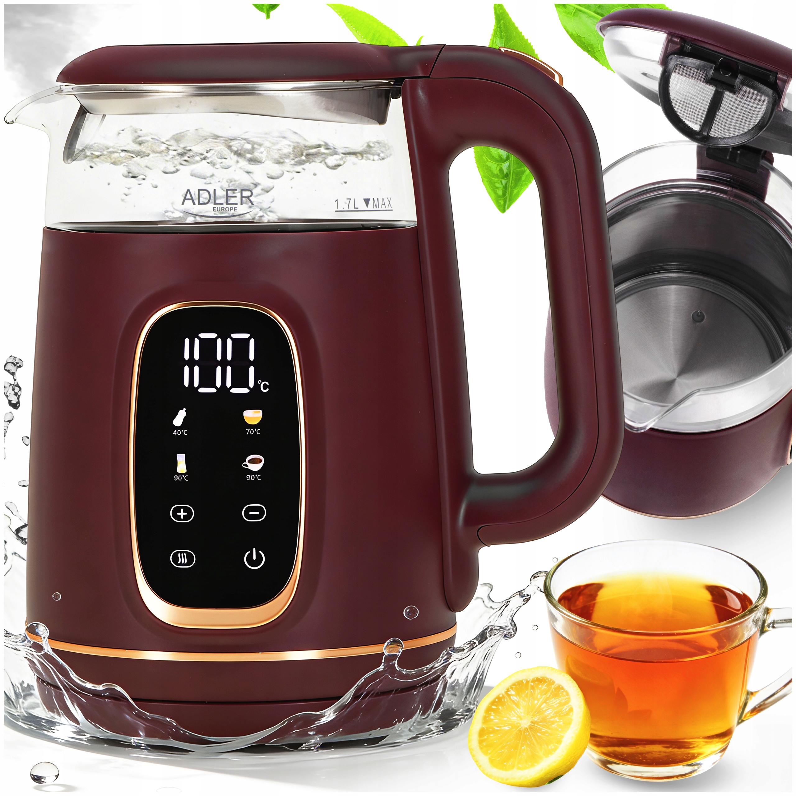 Czajnik Elektryczny 1,7 L 2200 W Szklany Regulacja Temperatury Dotykowy Led
