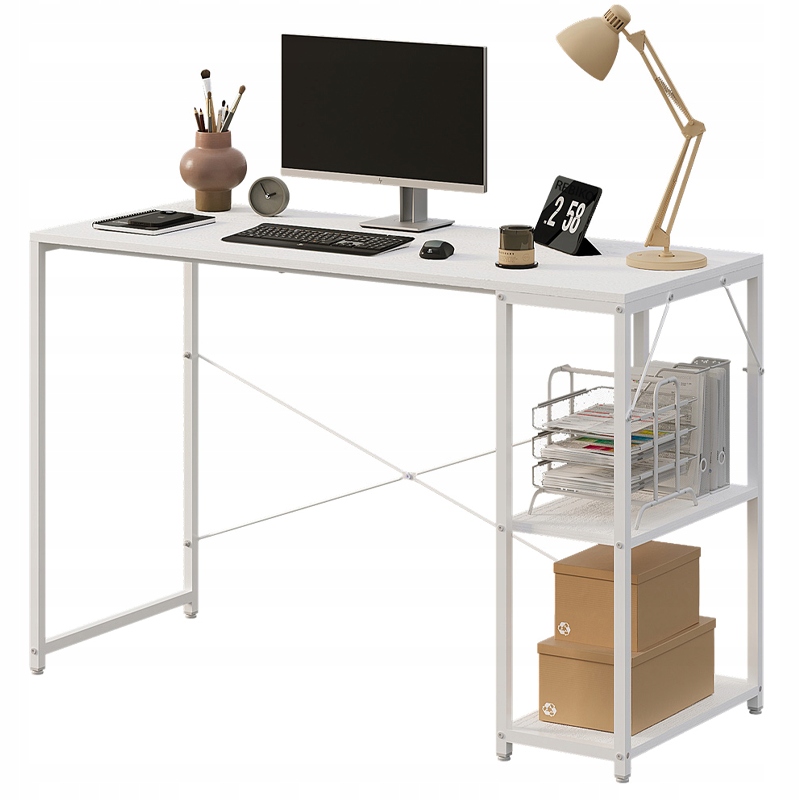 Počítačový Stolík Loft Biely Moderný S Policami Industriálny