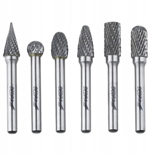 Frezy trzpieniowe do metalu, Dedra 07F502 6szt zestaw, trzpień 6mm, węglik