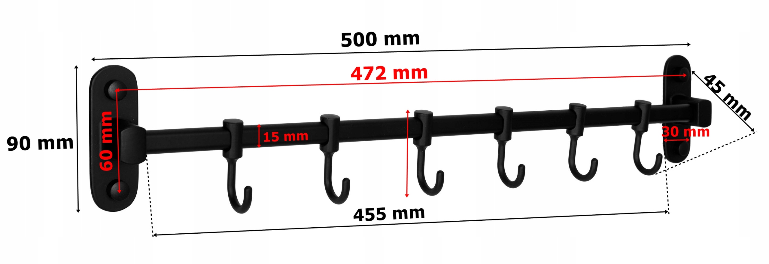 RELING KUCHENNY DRĄŻEK NA AKCESORIA Z HACZYKAMI DO KUCHNI CZARNY KLEJ KOŁKI Długość całkowita 50 cm
