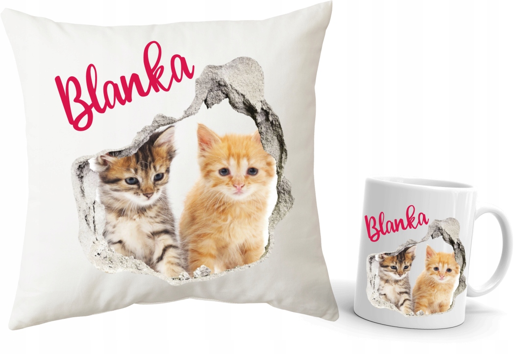 Zestaw Poduszka + Kubek z kotkami KOTY + IMIĘ
