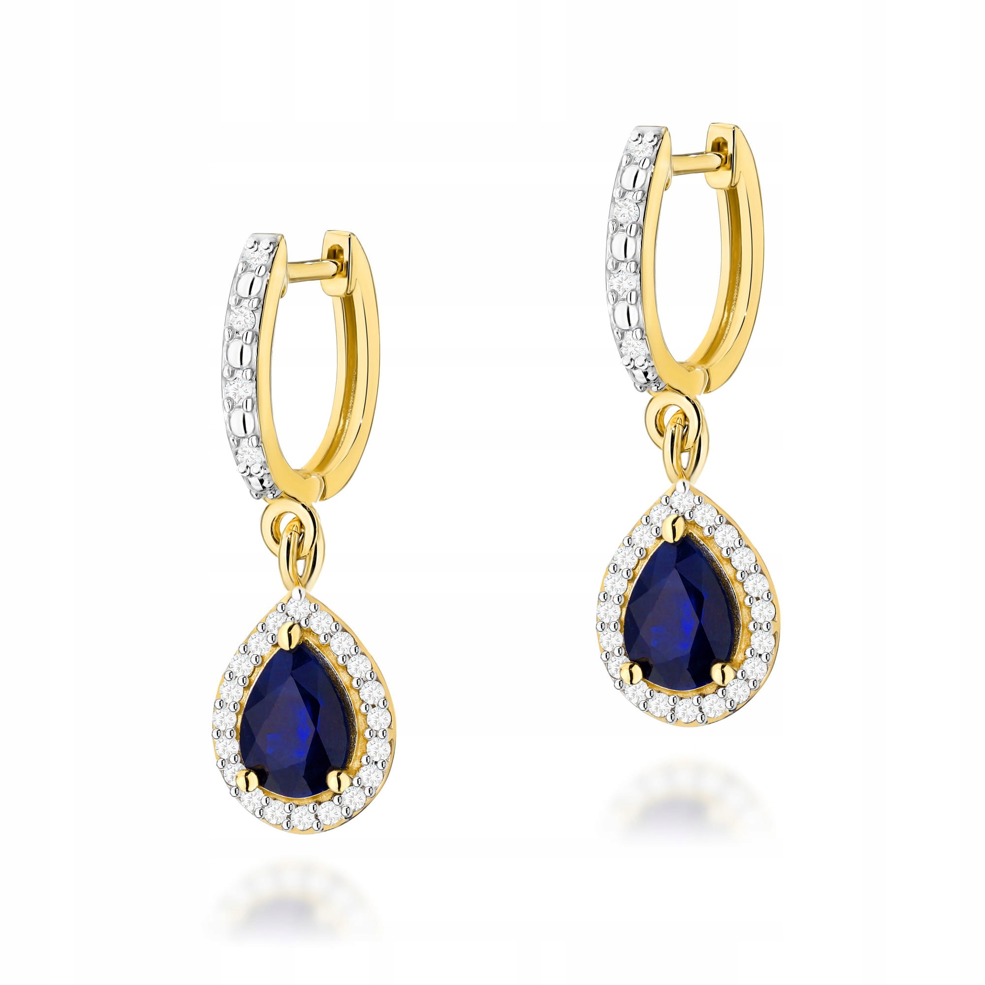 Zlaté dlouhé náušnice 585 závěsné safírové kapky přírodní brilianty 3 g