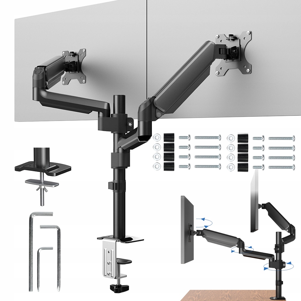 Držák na Dva LCD Monitory 13''-32'' s Plynovou Pružinou, Stolní, Otočný, Nosnost do 10 kg