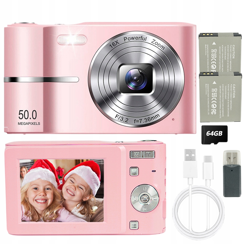 Přenosný Digitální Fotoaparát 50 Mp Pro Děti 32 Gb Karta