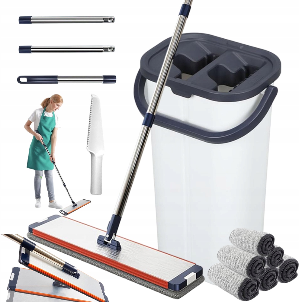 Levně Plochý Ruční Mop S Vytlačovacím Kbelíkem A 6 Návleky Z Mikrovlákna 132*11*40 CM