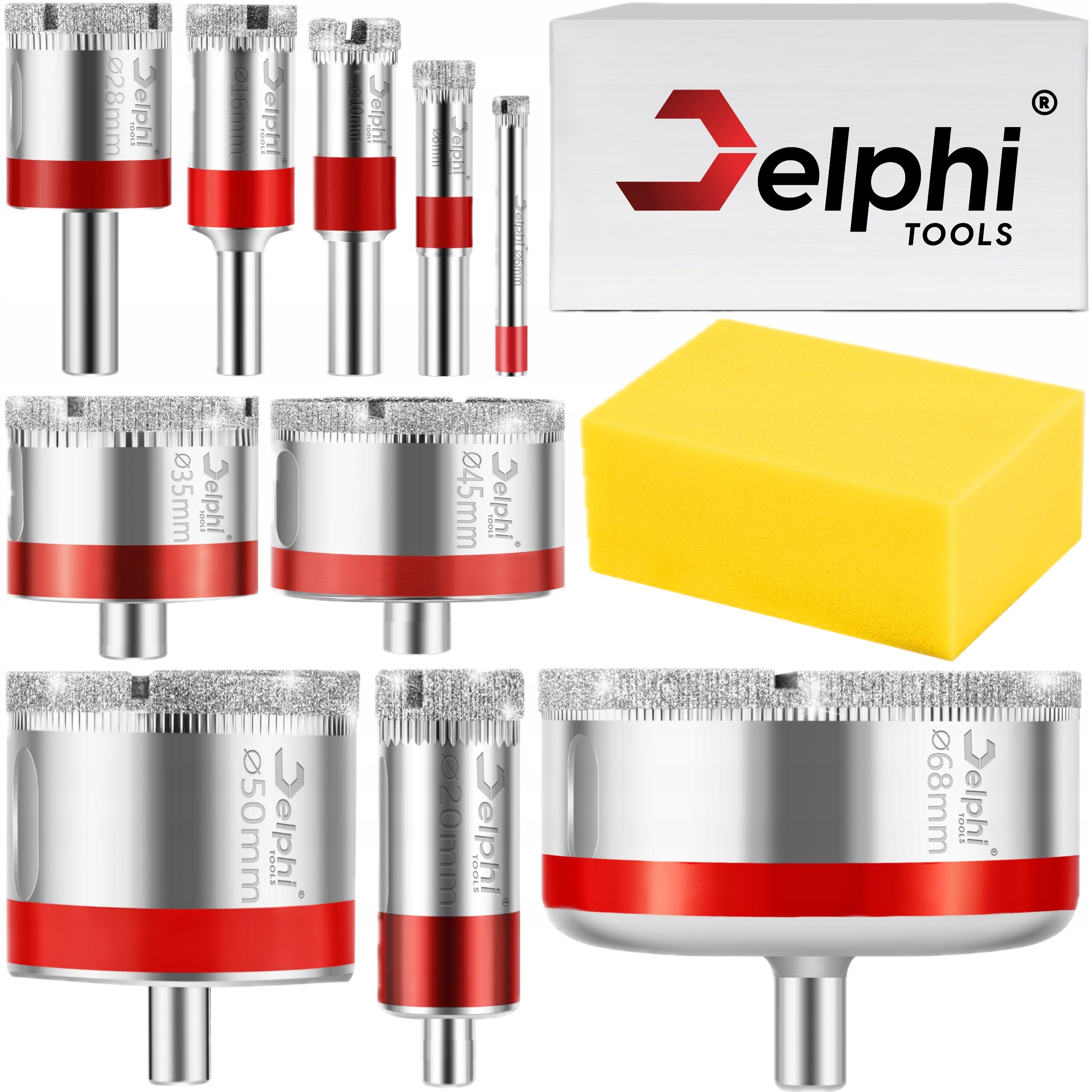 Otwornice Diamentowe Do Gresu Płytek Glazury Zestaw 10 szt ⌀ 6-68mm Delphi