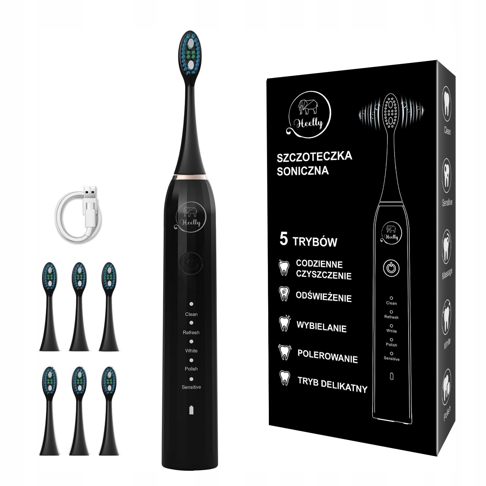 Szczoteczka Soniczna Do Zębów 6 końcówek Elektryczna Wymiatająca Heelly