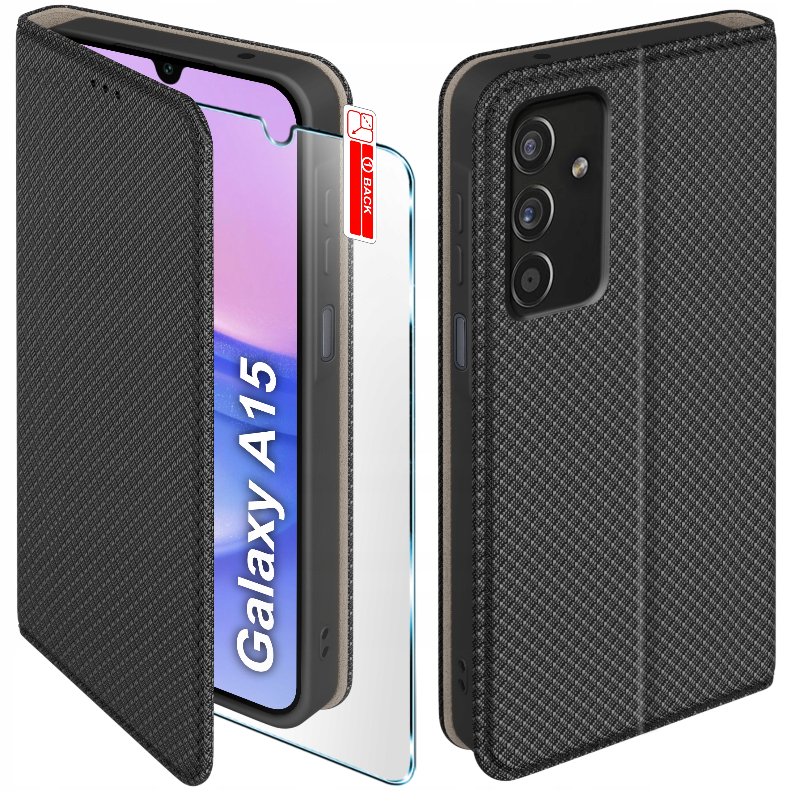 Etui z klapką do Samsung A15 4G A15 5G Zamykane Czarne Futerał Szkło 9H