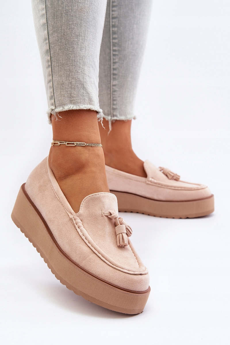 MOKASYNY DAMSKIE NA PLATFORMIE Z FRĘDZLAMI JASNOBEŻOWE 36 Oryginalne opakowanie producenta pudełko