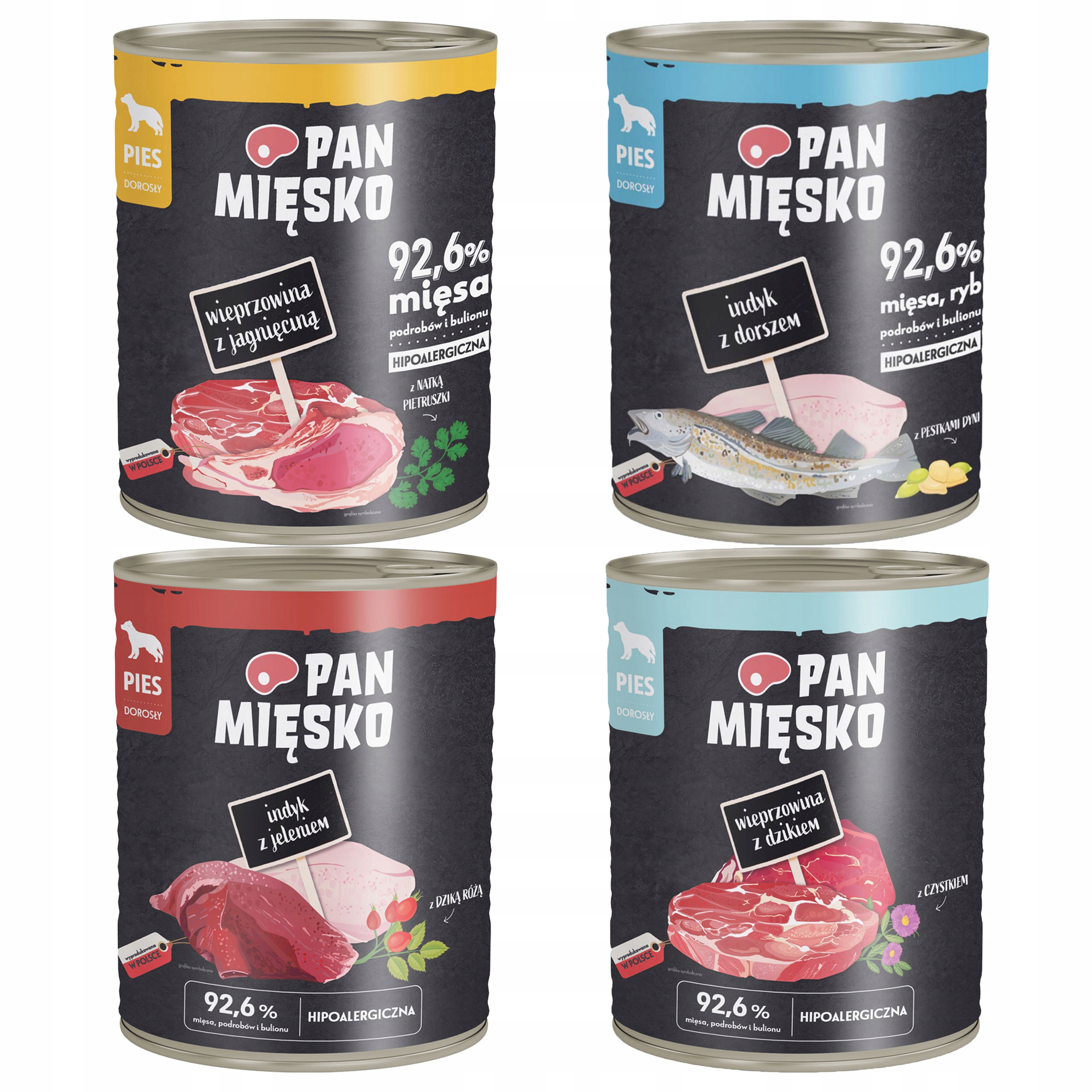 Levně Pan Mięsko Krmivo mokré pro psa Mix Chutí 4 x 800 g zdravé krmivo bez obilovin