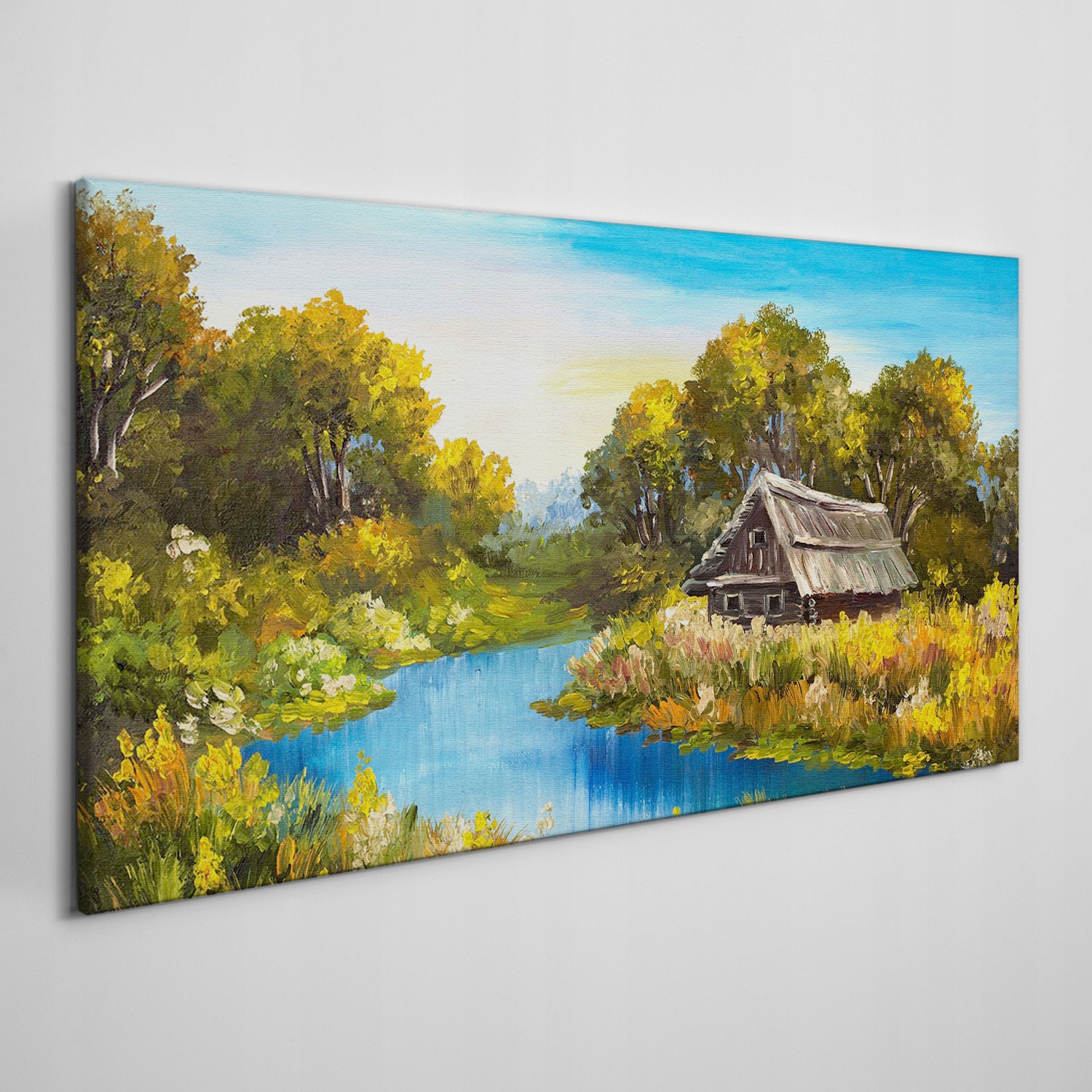 

Obraz na płótnie Las rzeka niebo chata 100x50 cm